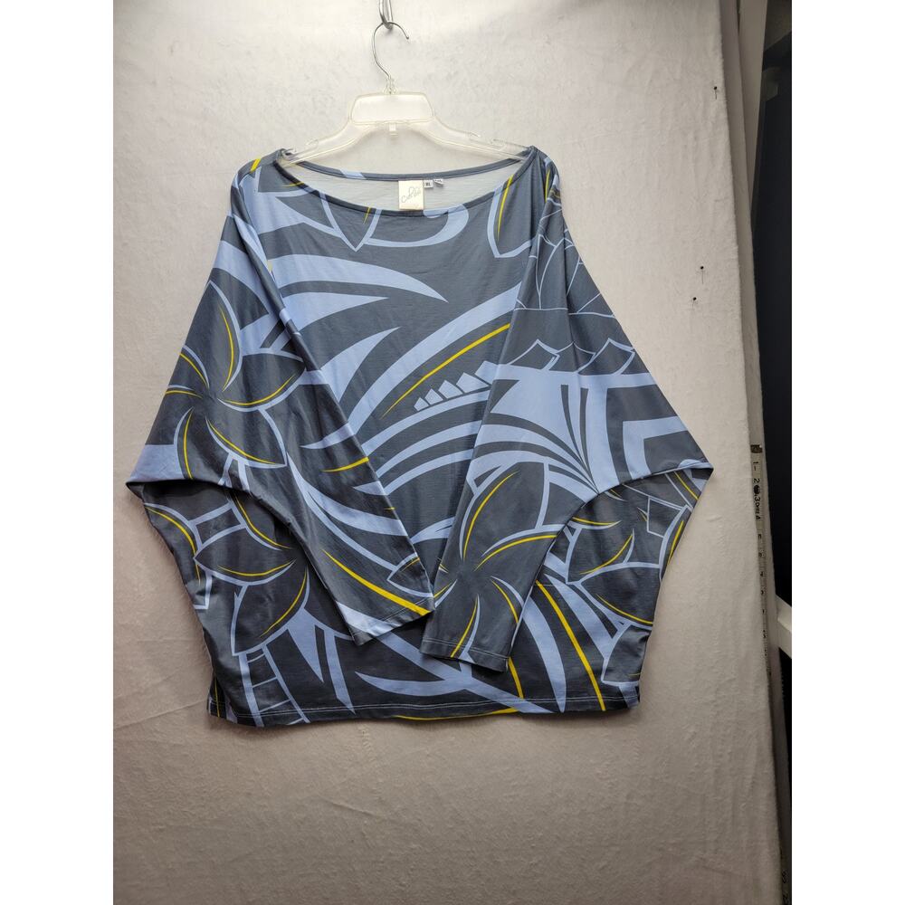 Ciel Blue Hawaii Tribal Print Blue & Yellow Dolman Sleeve Top Sz XL-XXL, NWOT